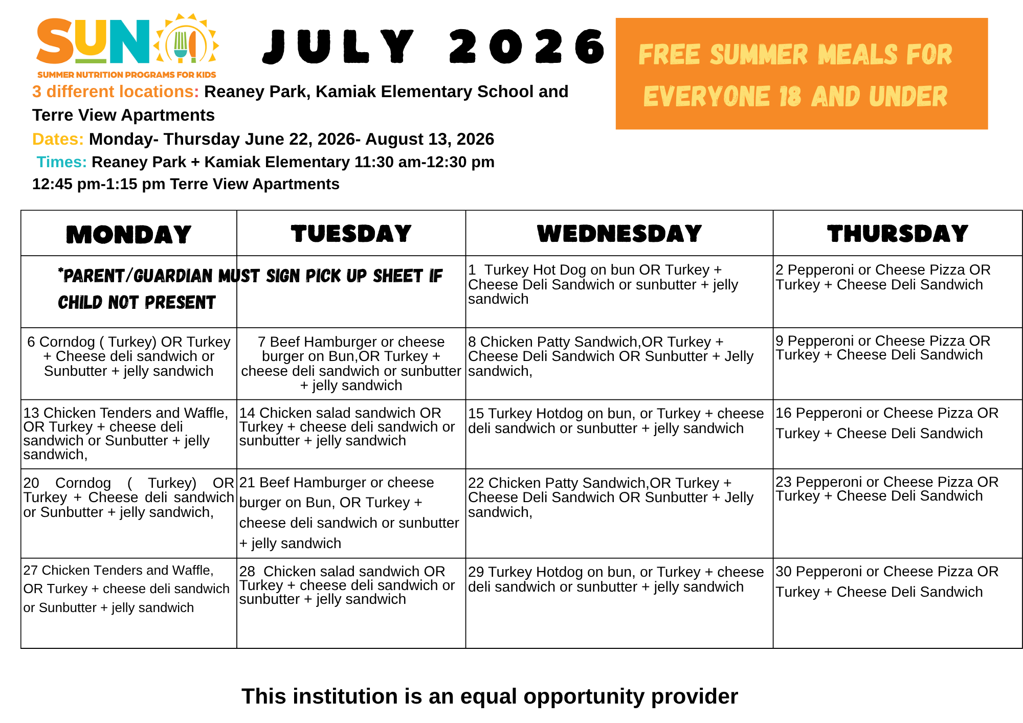 July 2026 lunch menu